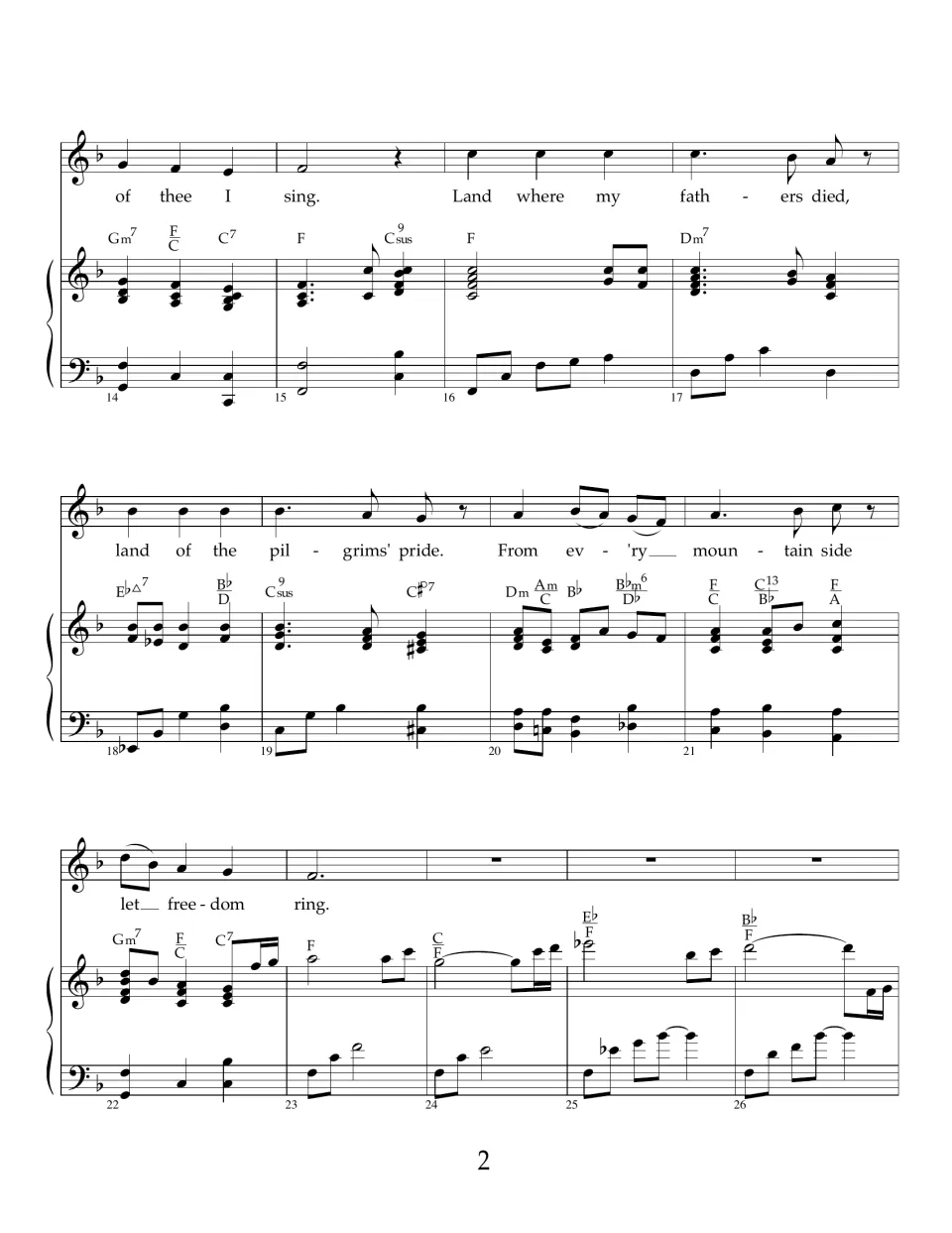 Verse 1 continues in measures 14-26: "Land where my fathers died" to "let freedom ring," then a piano interlude