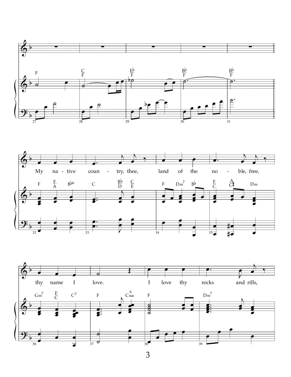 Verse 2 vocal score, measures 27-39: piano interlude, then "My native country, thee" through "I love thy rocks and rills"