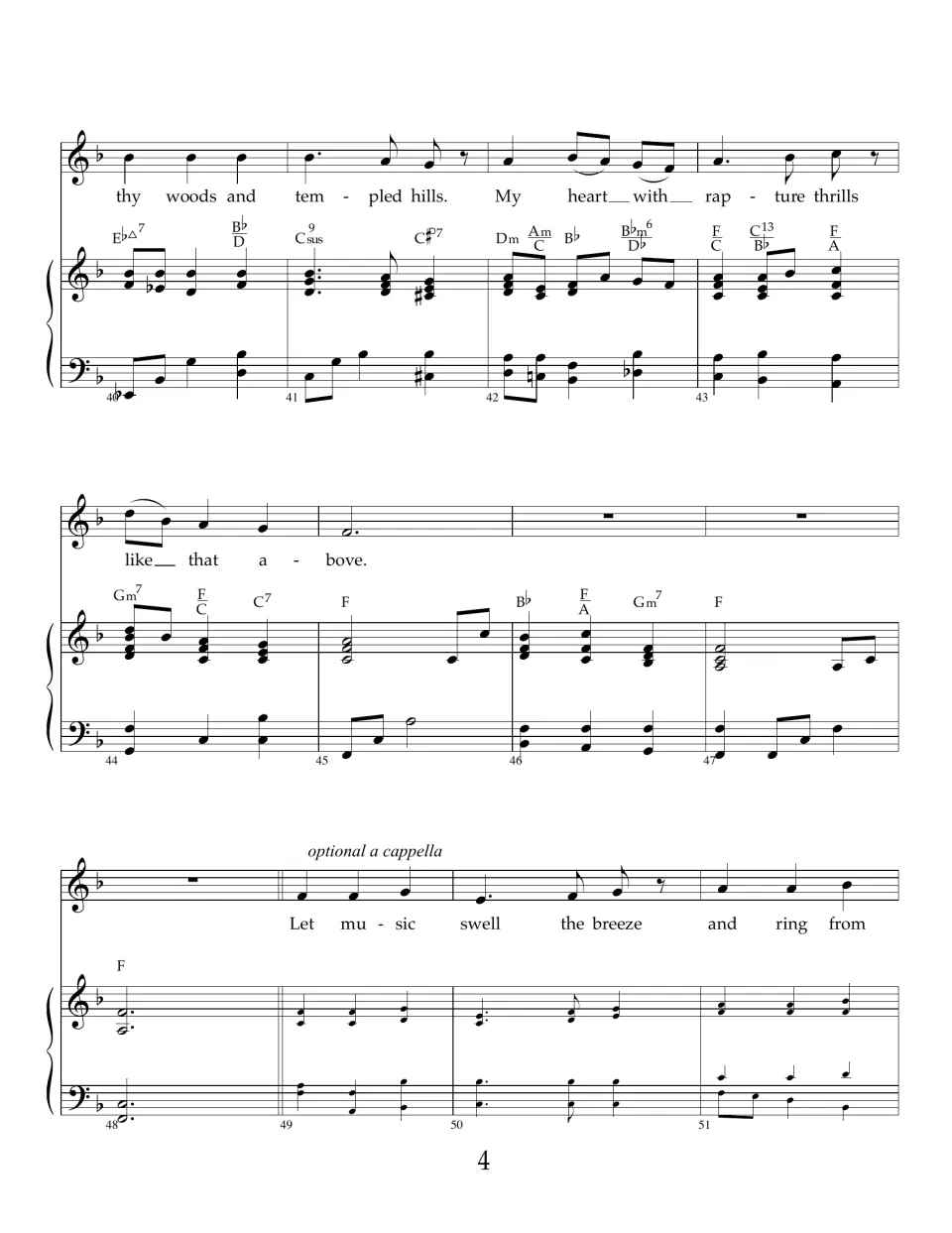 Verse 2 ends "rapture thrills like that above"; verse 3 opens "Let music swell the breeze," marked optional a cappella