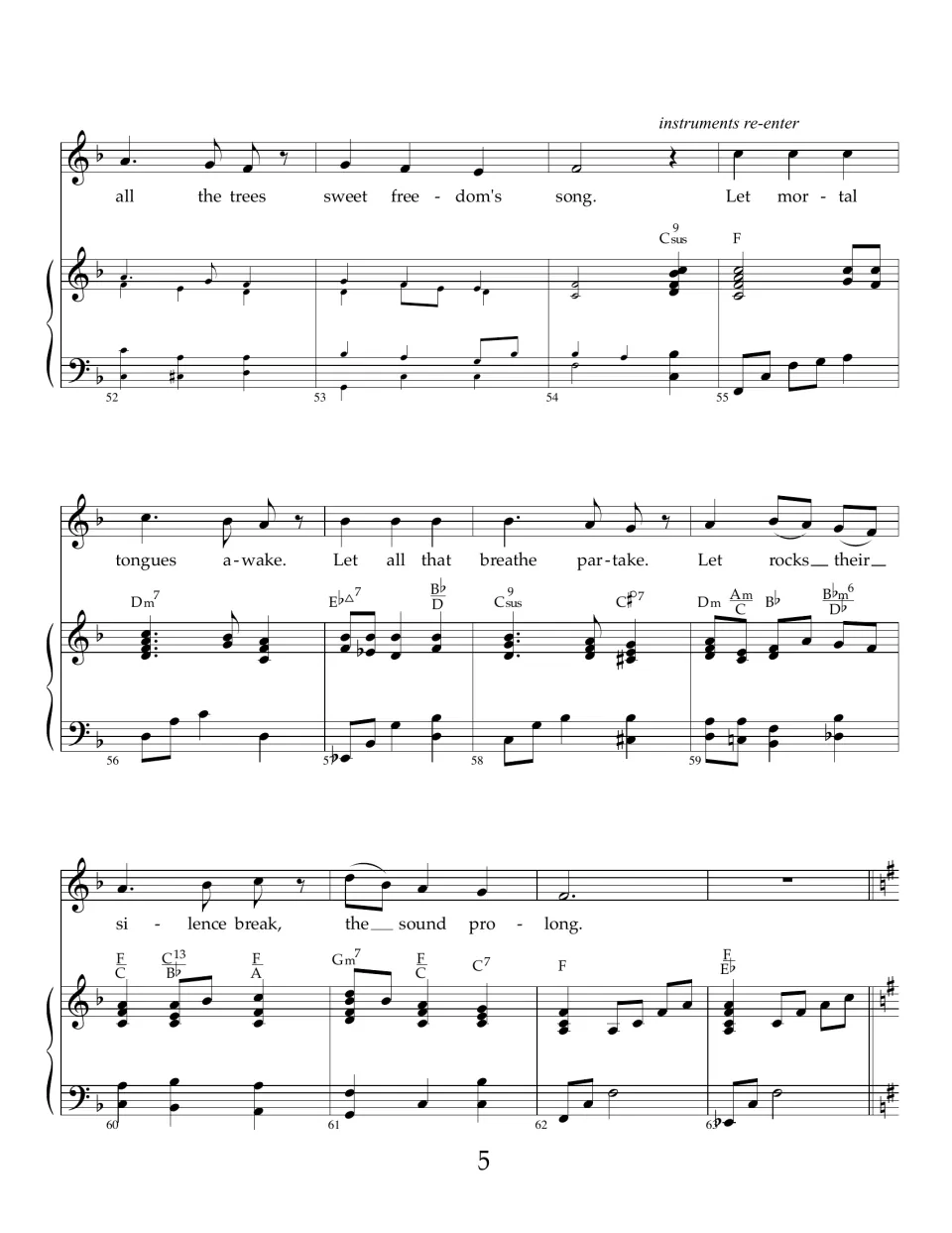 Verse 3 continues; instruments re-enter at "Let mortal tongues awake" through "the sound prolong," then a key change to G