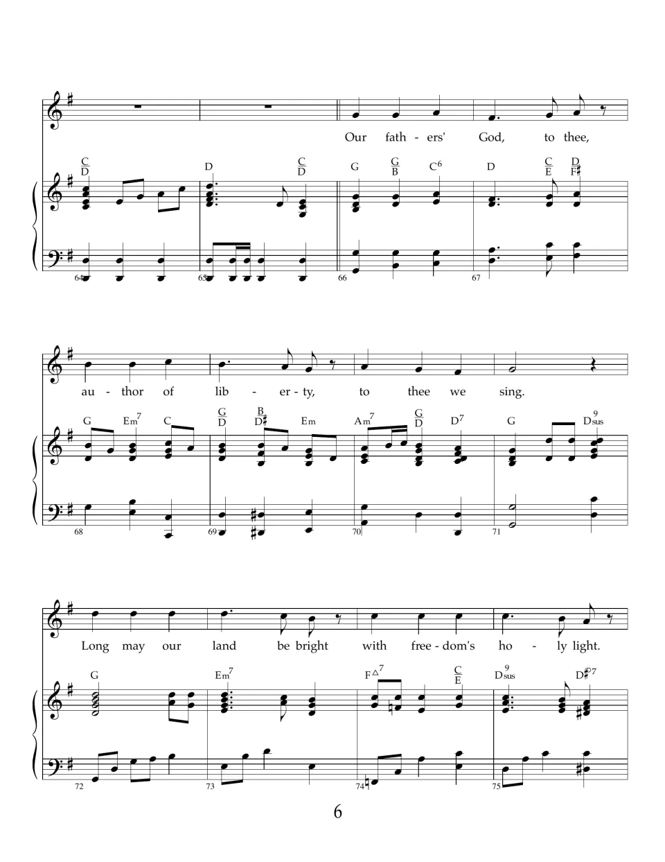 Final verse in G major: "Our fathers' God, to thee" through "Long may our land be bright with freedom's holy light"