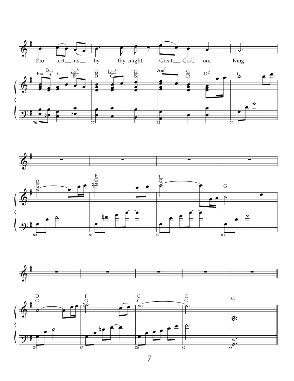 Closing page: vocal line ends on "Protect us by thy might, Great God, our King!" then a piano postlude to measure 88