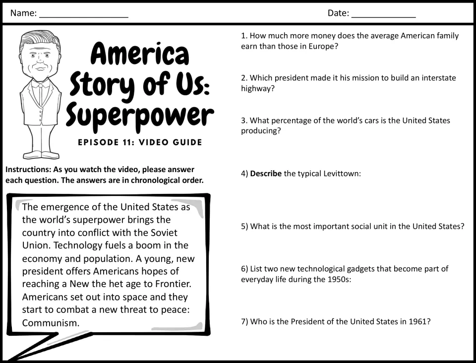 Superpower video guide, Episode 11: students answer questions 1-7 on 1950s prosperity, the interstate, Levittown and gadgets