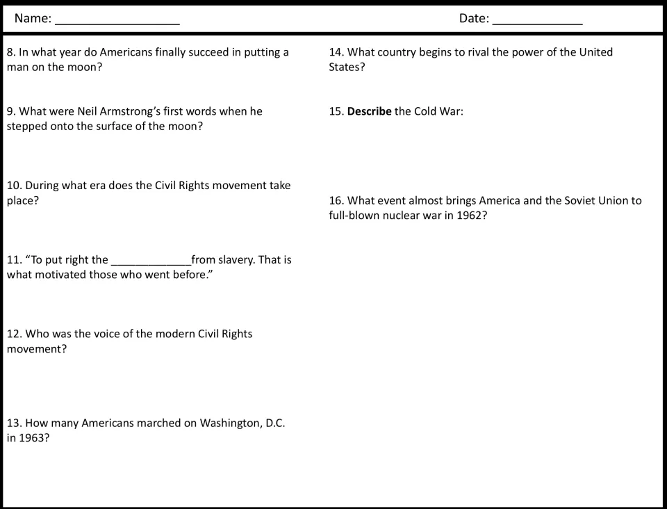 Space race, civil rights and Cold War: students answer questions 8-16 on the moon landing, the 1963 march and 1962 crisis