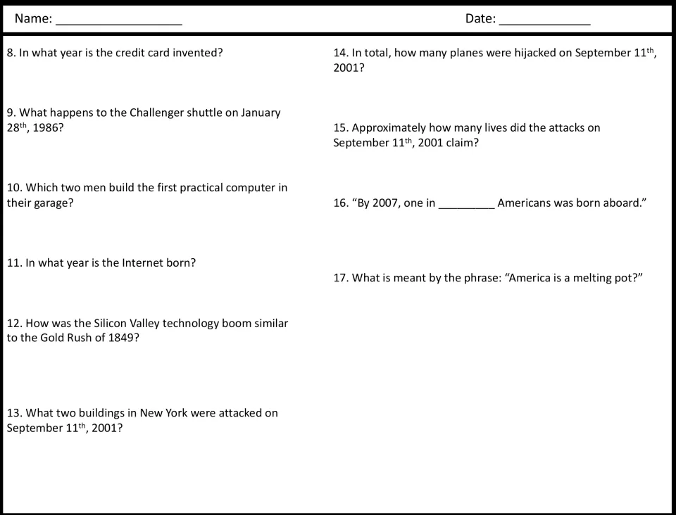 Video guide questions 8-17: students recall the credit card, Challenger, early computers, the Internet and September 11