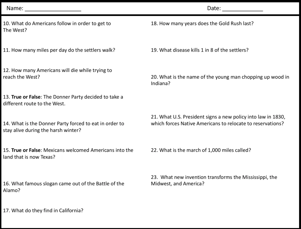 Questions 10 to 23 on the Donner Party, the Alamo, the Gold Rush and 1830 relocation policy, with two true-or-false items