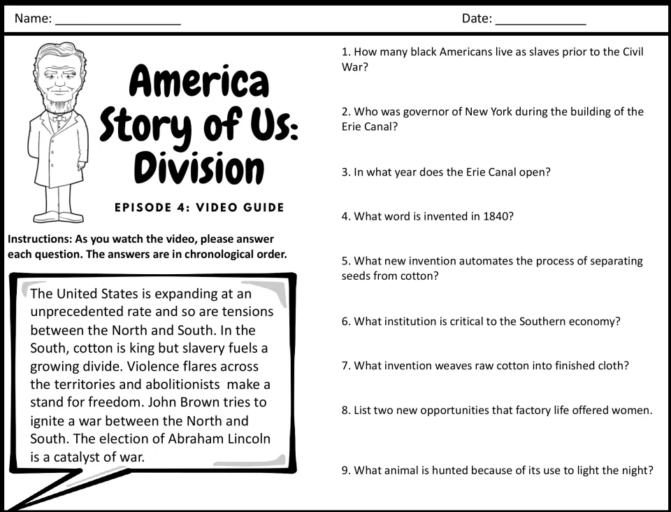 Division, Episode 4 video guide: students answer questions 1-9 on the Erie Canal, cotton gin, slavery and factory work