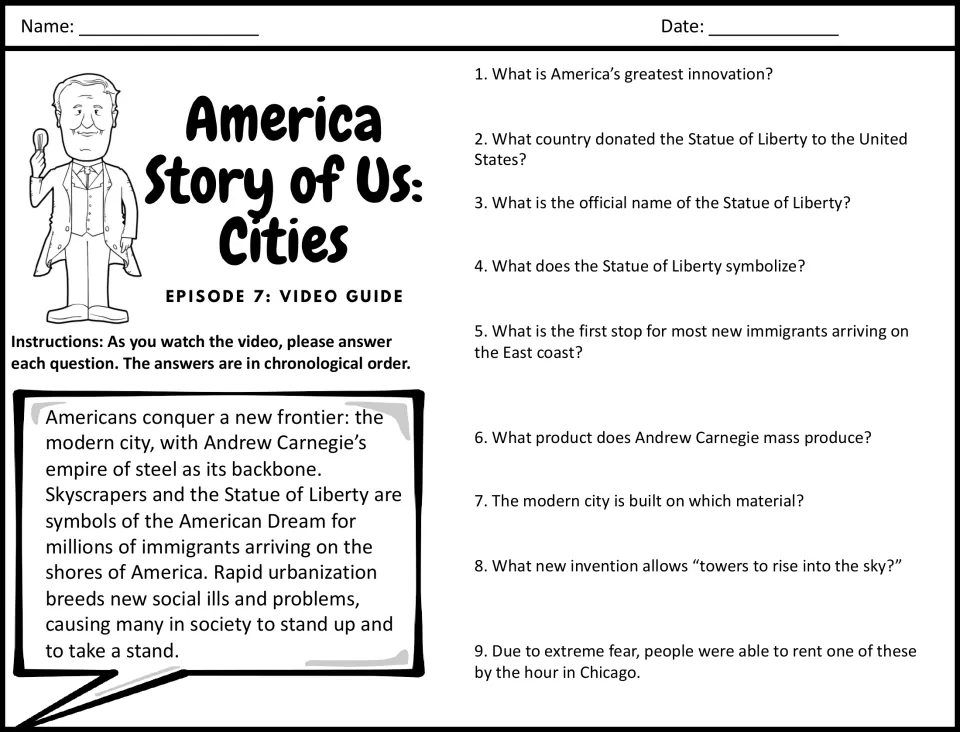Cities Episode 7 video guide: students answer questions 1-9 on Statue of Liberty, immigrants, Carnegie steel and elevators