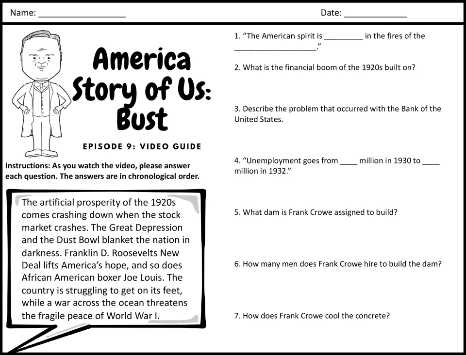 Episode 9 Bust video guide: students answer 7 questions on the 1920s boom, a bank collapse, unemployment and Hoover Dam