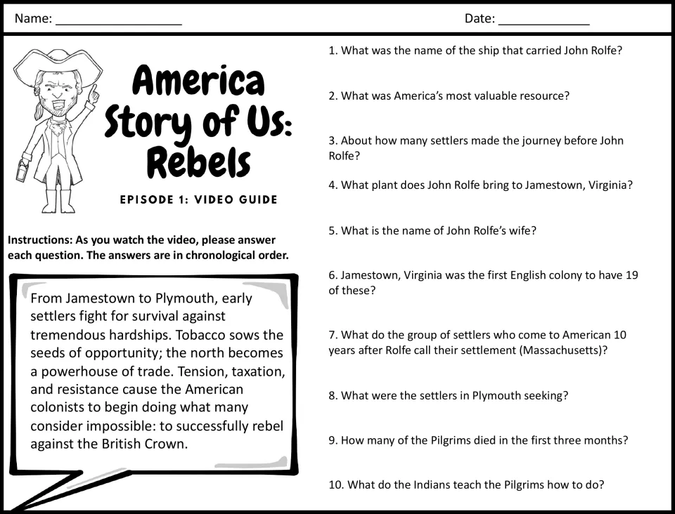 Rebels video guide, questions 1-10: students note answers on John Rolfe, Jamestown tobacco and the Plymouth Pilgrims