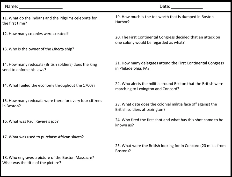 Road to revolution, questions 11-25: students recall Paul Revere, the Boston Massacre, the tea dump and Lexington