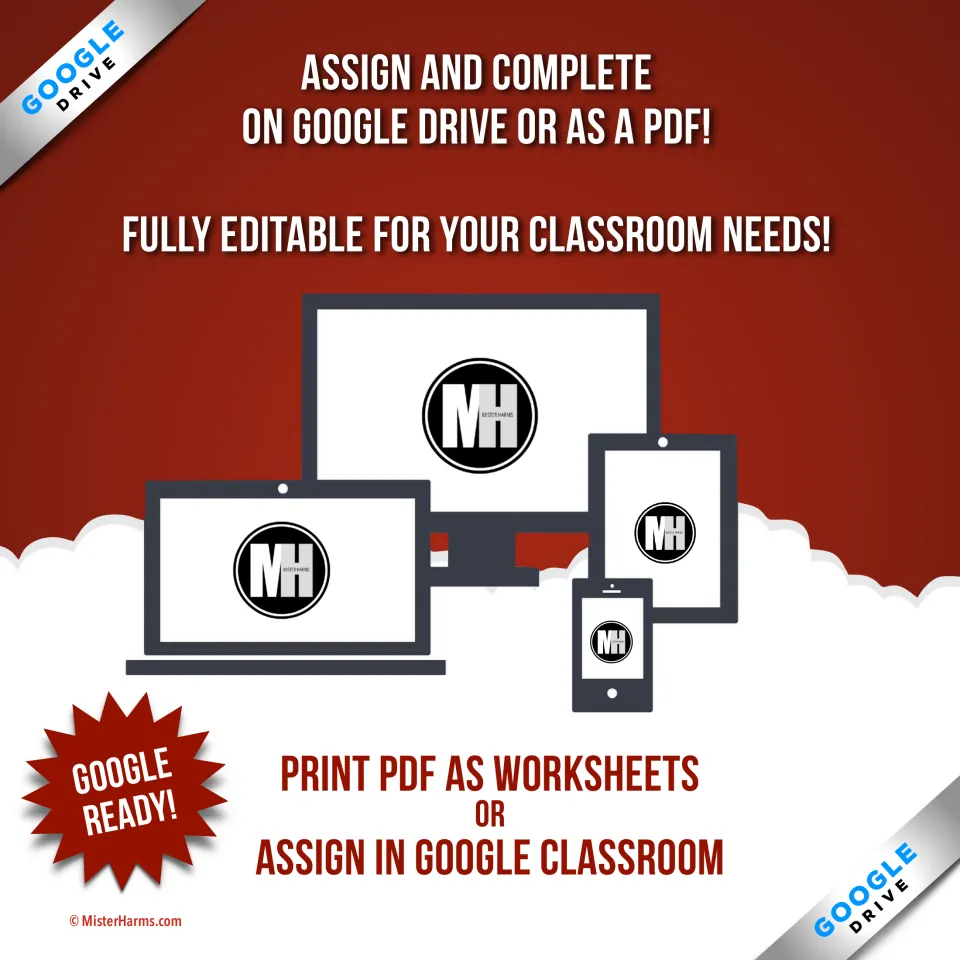Delivery options: assign and complete on Google Drive, print the PDF as worksheets, or assign in Google Classroom