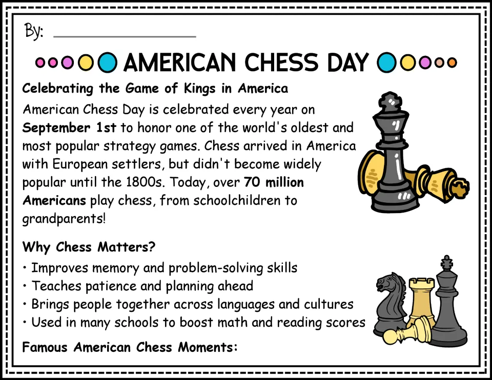 Color reading passage opening about American Chess Day, September 1, chess history, and benefits of playing