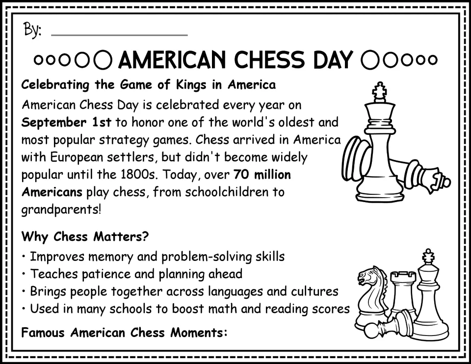 Black-and-white reading passage opening about the September 1 chess celebration, its history, and benefits