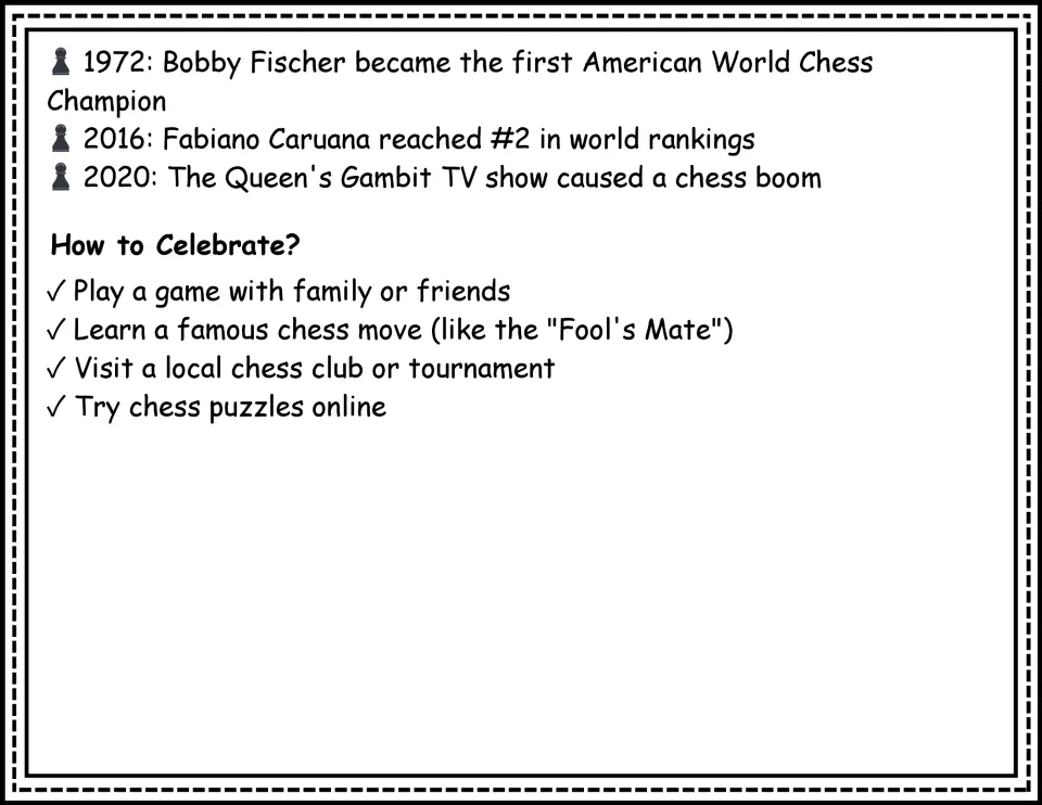 Reading passage continuation lists chess milestones from 1972, 2016, and 2020, plus ways to celebrate
