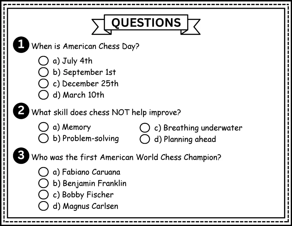 Comprehension questions 1–3 ask about the celebration date, chess skills, and an American chess champion