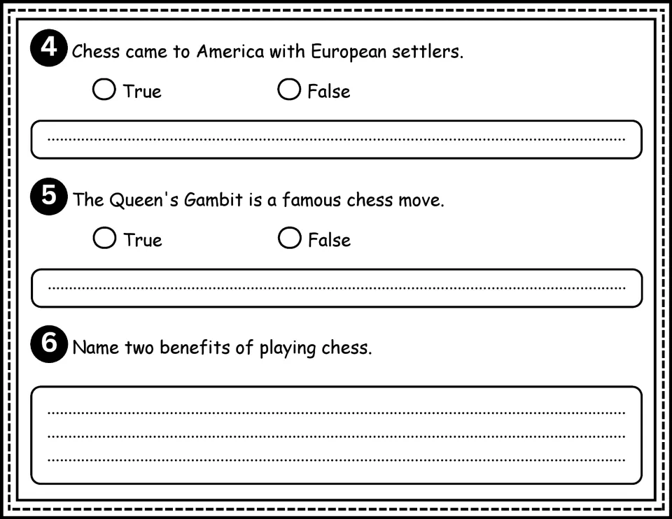 Comprehension questions 4–6 cover European settlers, The Queen's Gambit, and two benefits of playing chess