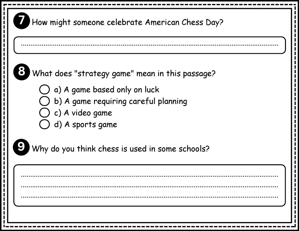 Comprehension questions 7–9 ask how to celebrate, what 'strategy game' means, and why schools use chess