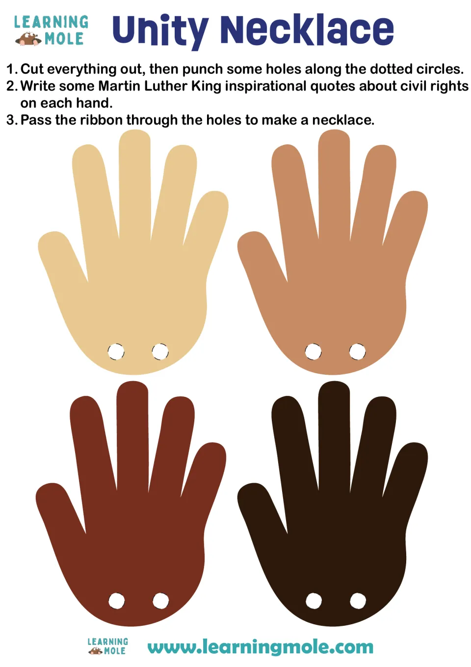 Unity Necklace craft: students cut out four hands in different skin tones and write Martin Luther King quotes on each