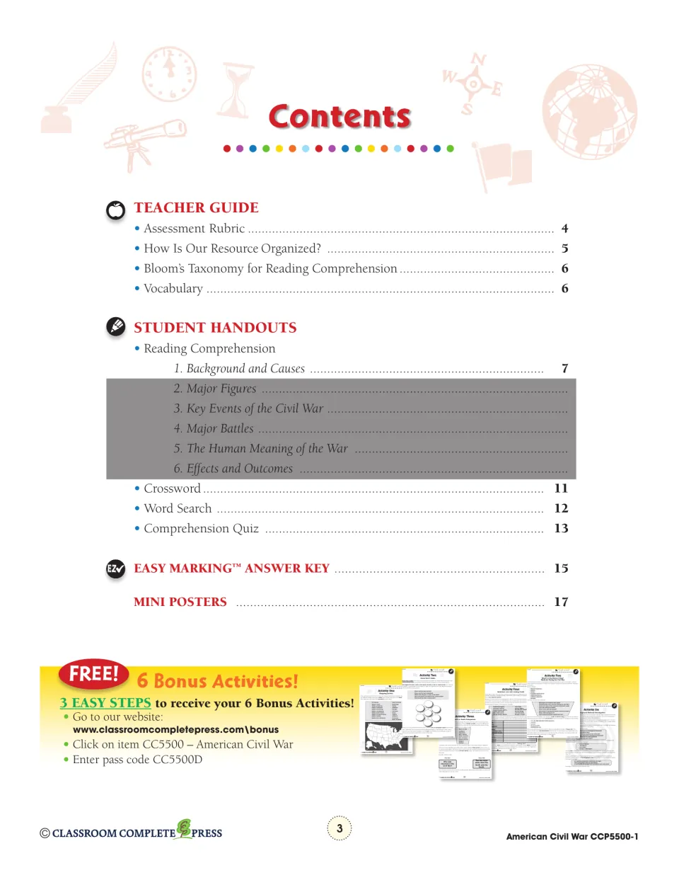 Contents listing teacher guide, Background and Causes reading, crossword, word search, quiz, answer key and mini posters