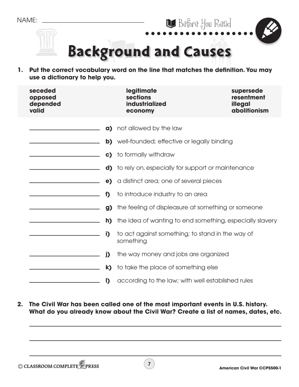 Before you read: students match 12 Civil War terms like seceded and abolitionism to definitions, then list what they know