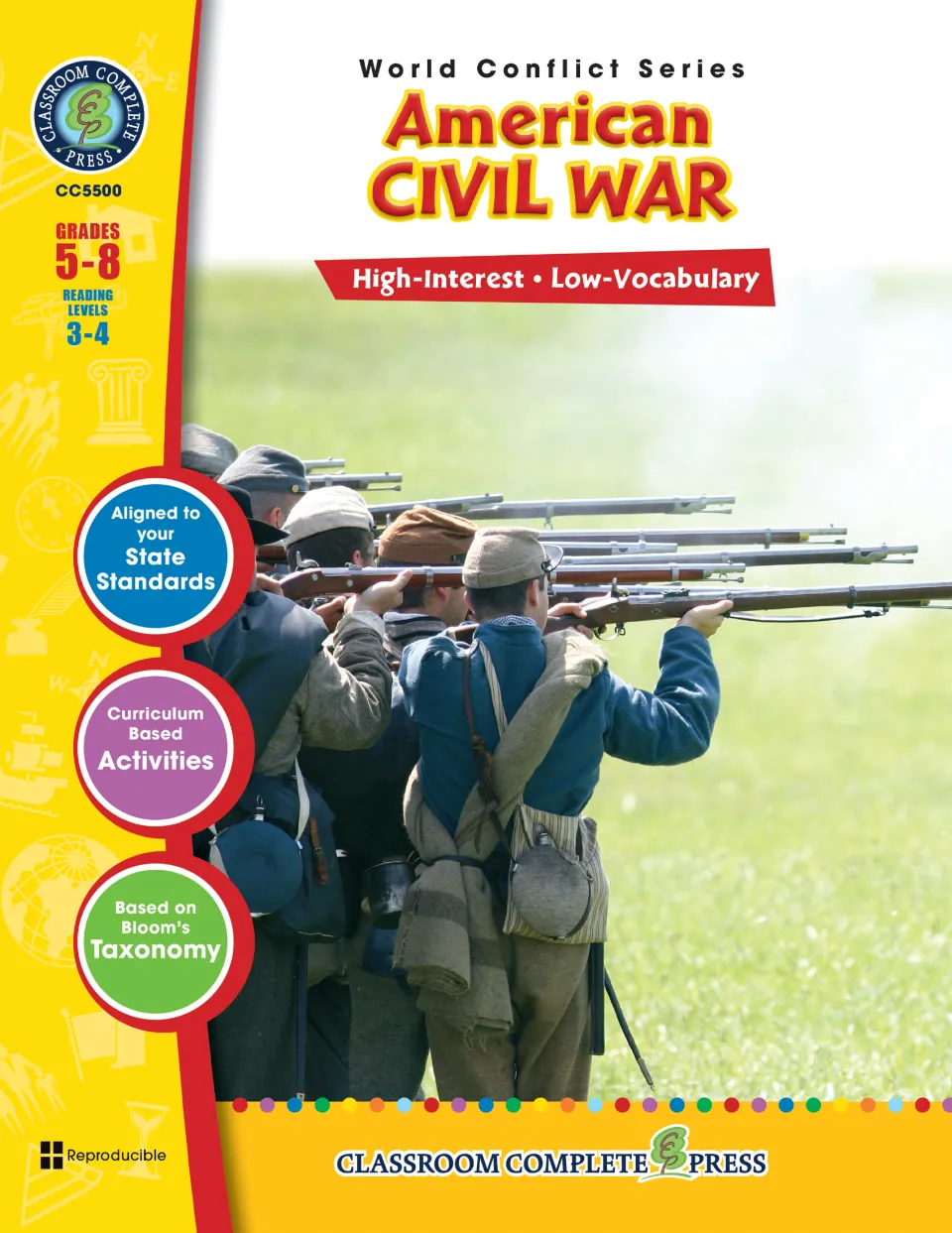 American Civil War cover from the World Conflict Series, grades 5–8, with Civil War soldiers firing rifles