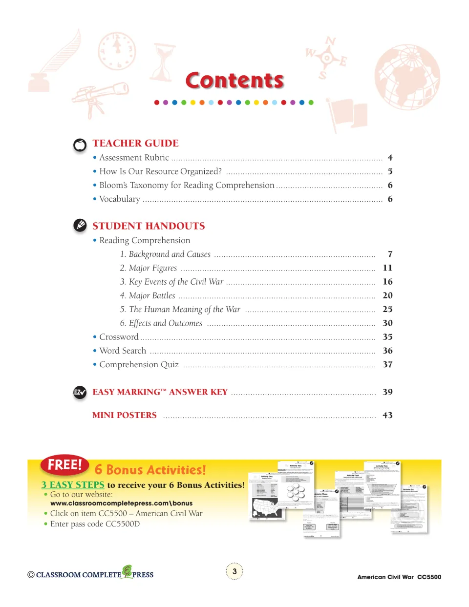 Table of contents: six reading units from Background and Causes to Effects and Outcomes, quiz, answer key