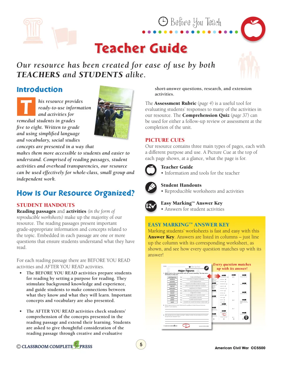 Teacher guide introduction explaining Before You Read and After You Read activities and the Easy Marking answer key
