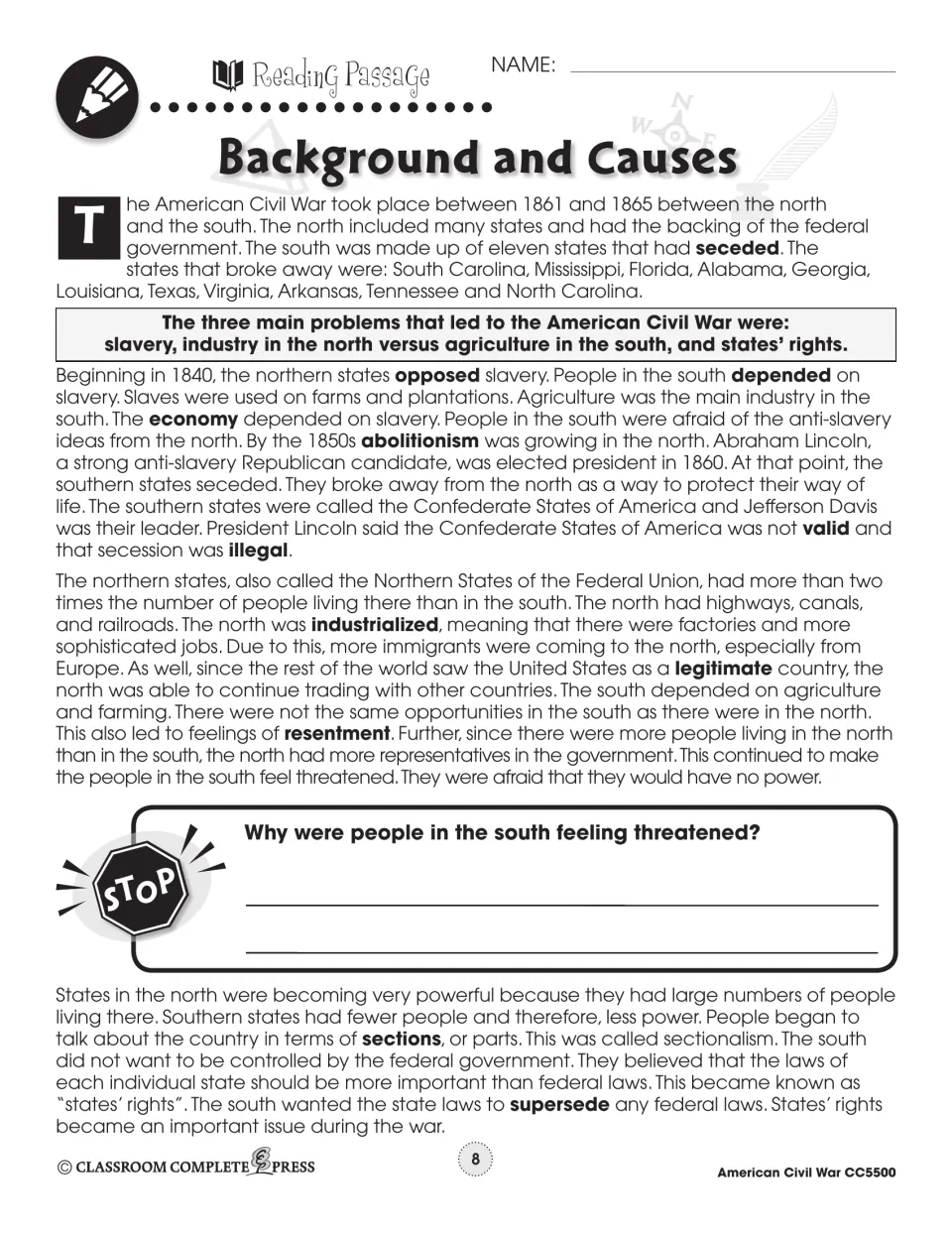 Unit 1 reading passage on the 11 seceded states and three causes: slavery, industry vs. agriculture, states' rights
