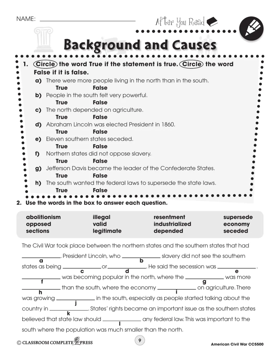 Unit 1 after-reading page: 8 true-or-false items and a 12-blank paragraph using words such as seceded and valid