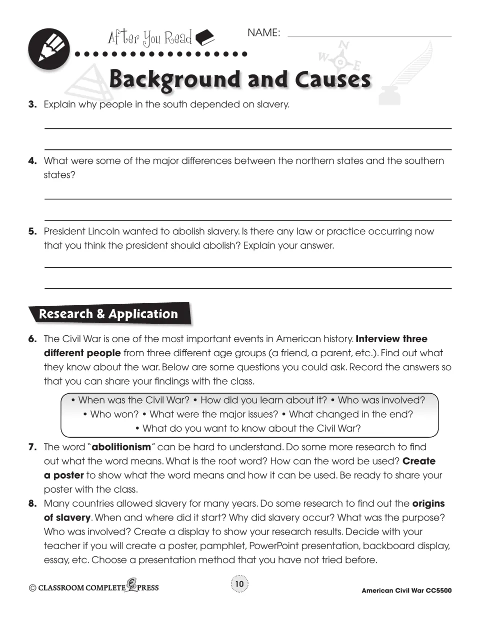 Unit 1 questions 3–8: why the south depended on slavery, north-south differences, and research on abolitionism