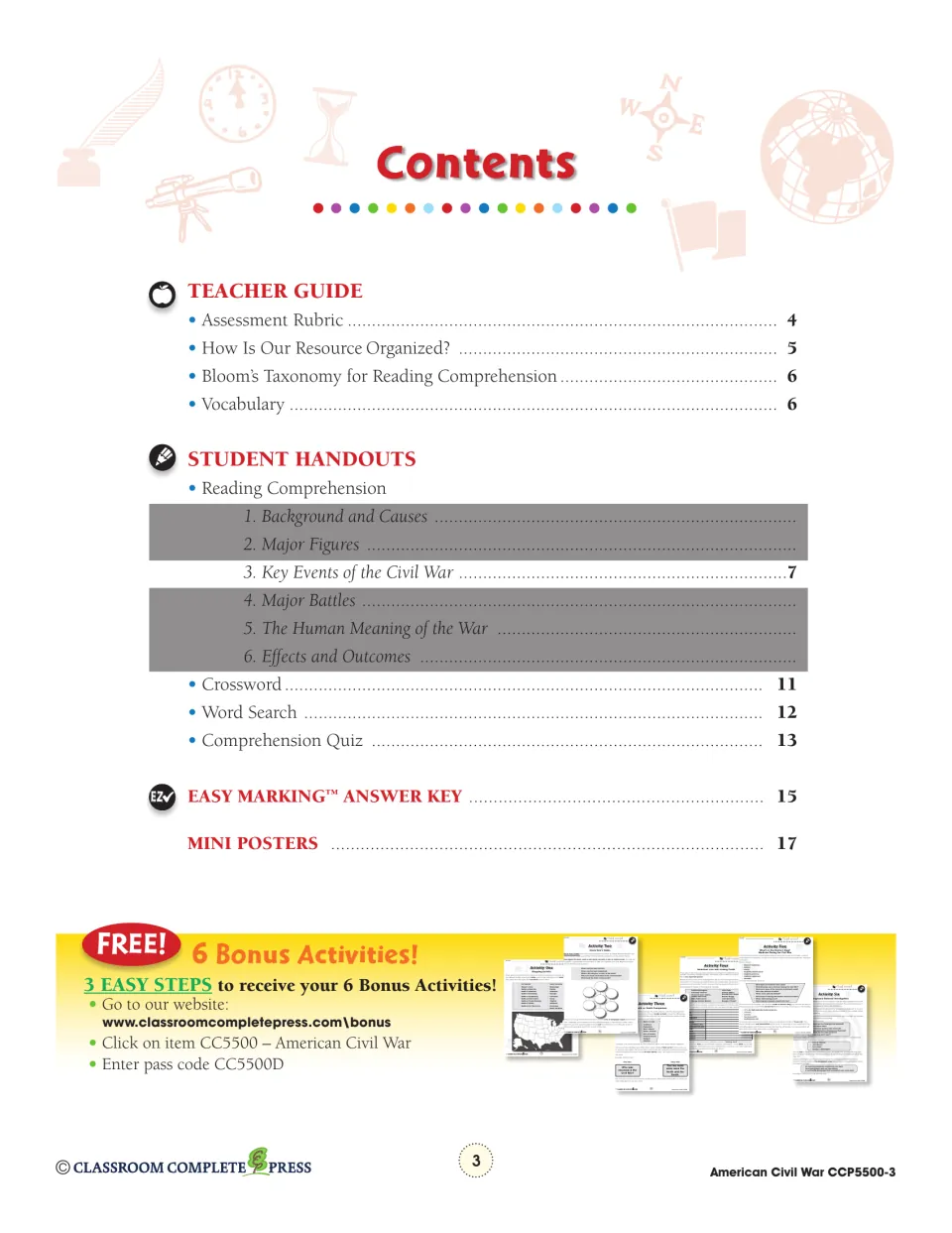 Contents: teacher guide, Key Events reading at page 7, crossword, word search, quiz, answer key, mini posters, bonus offer