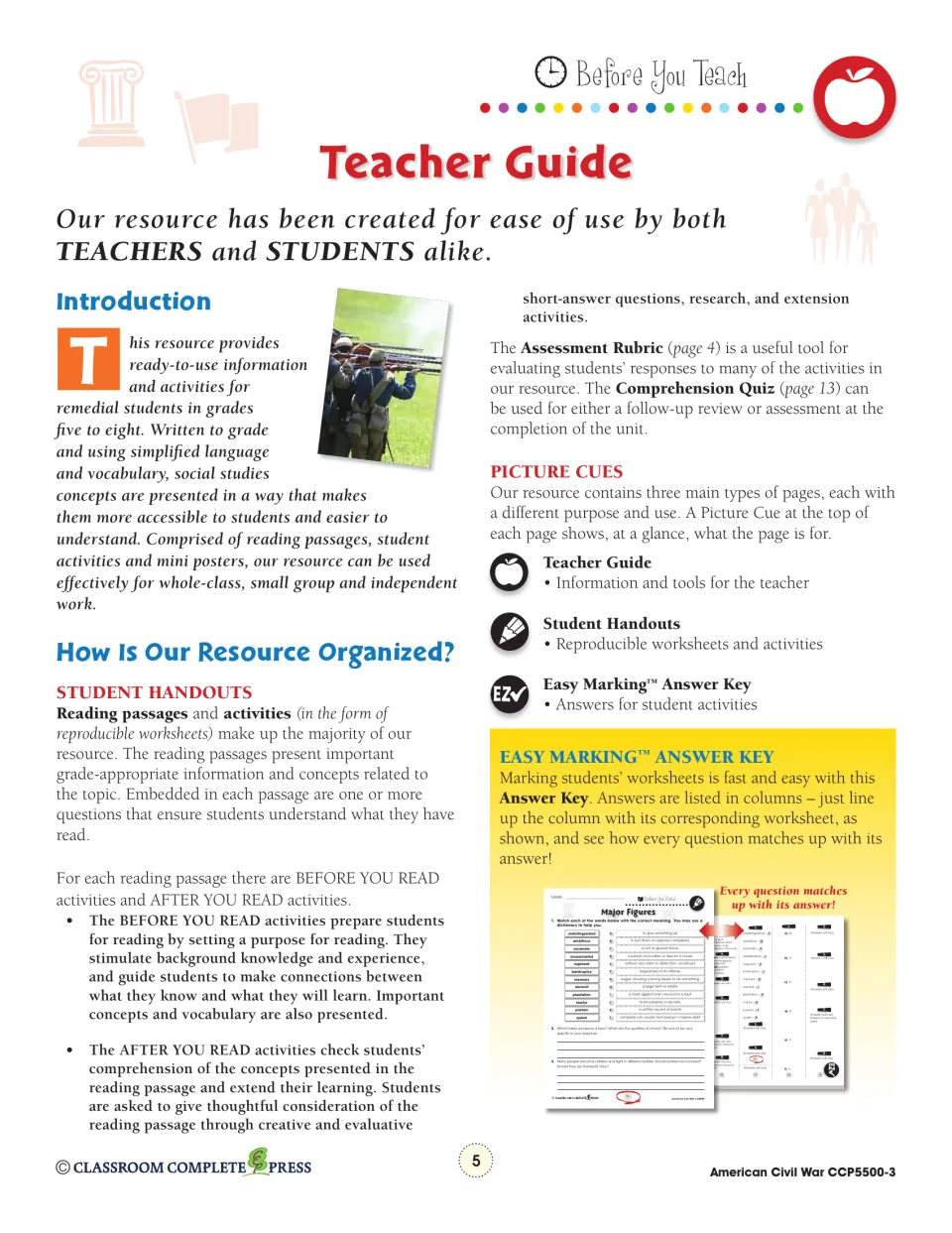 Teacher guide introduction explaining reading passages, Before and After You Read activities, picture cues and answer key