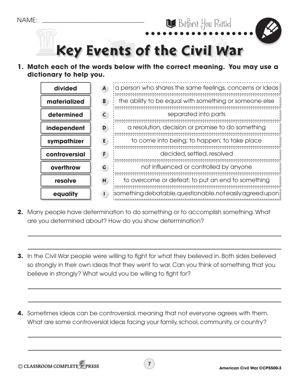 Before You Read: students match divided, resolve, equality and 6 more vocabulary words to meanings, then answer 3 questions