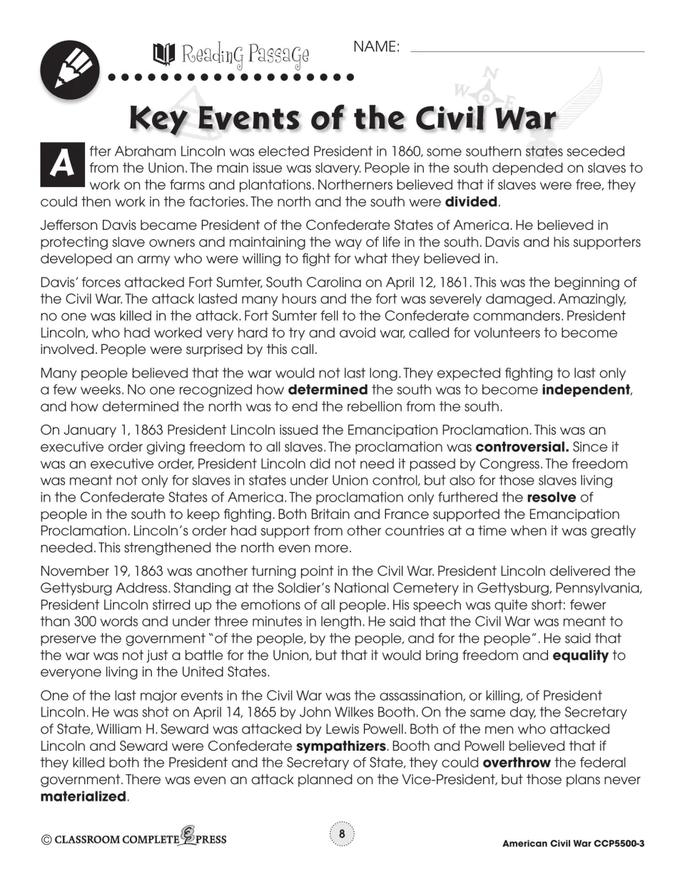 Passage on Fort Sumter, the Emancipation Proclamation, the Gettysburg Address and Lincoln's assassination, 1861 to 1865