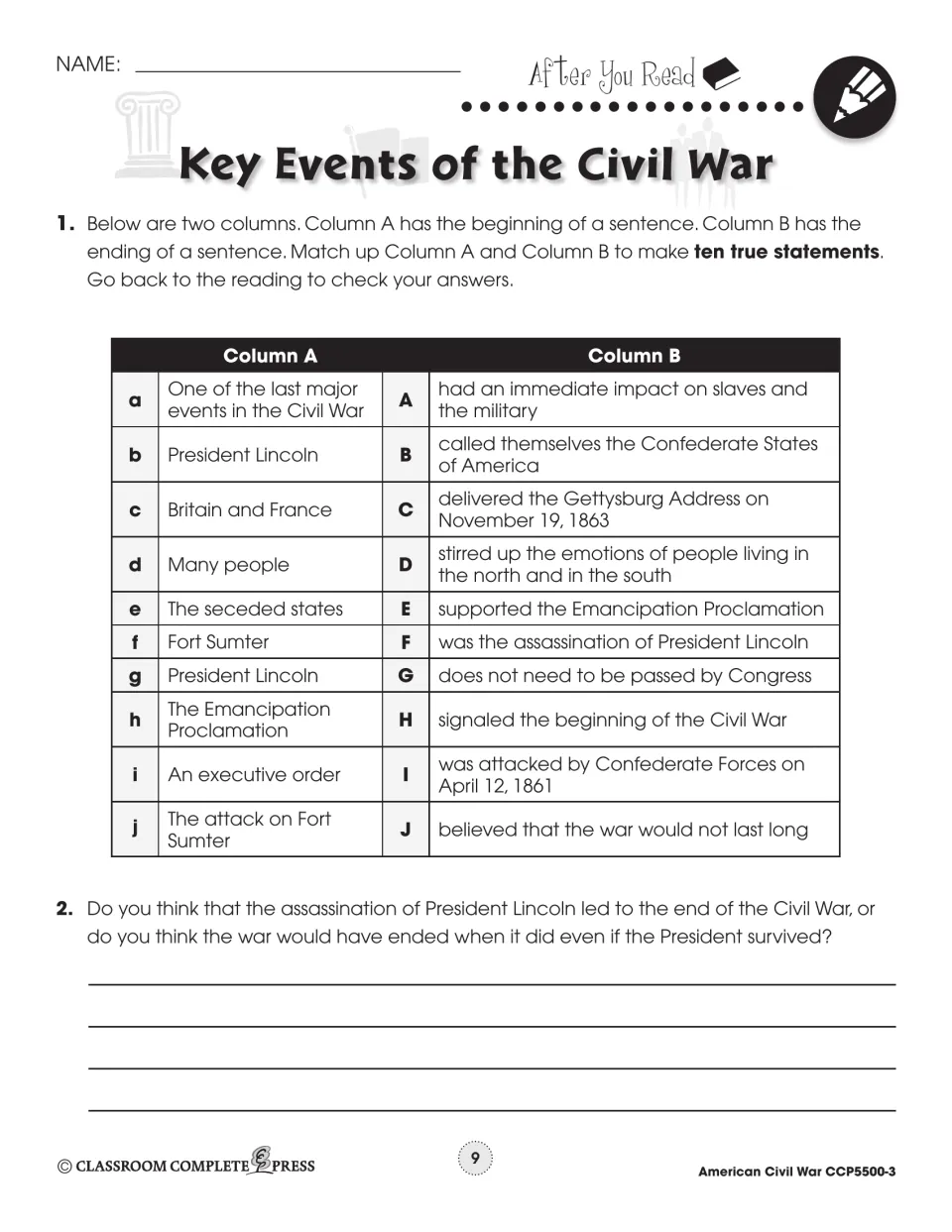 After You Read: students match sentence halves into ten true statements, then judge if Lincoln's death ended the war