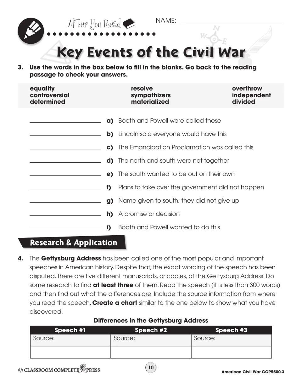 Vocabulary fill-in-the-blanks from a word box, plus research comparing three versions of the Gettysburg Address in a chart