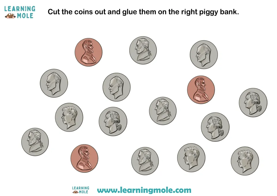 Coin cutout sheet with 16 coins and directions to cut them out and glue them on the right piggy bank.