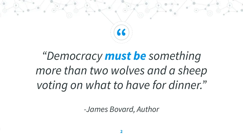 Opening quotation slide: James Bovard compares democracy to two wolves and a sheep voting on dinner
