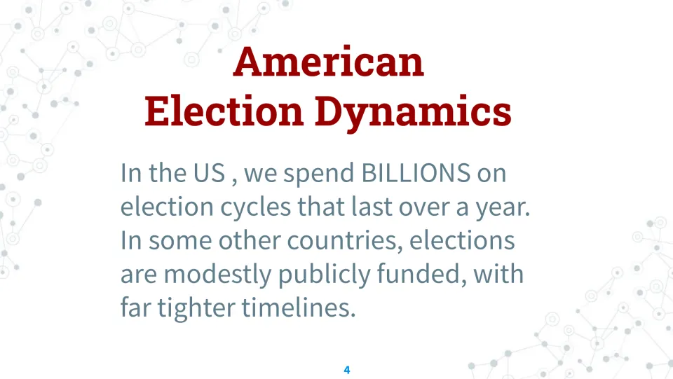 Election dynamics slide contrasts U.S. campaign costs and duration with public funding and shorter timelines