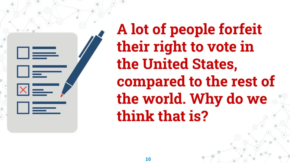 Voter participation question slide asks why many people in the United States do not exercise their right to vote