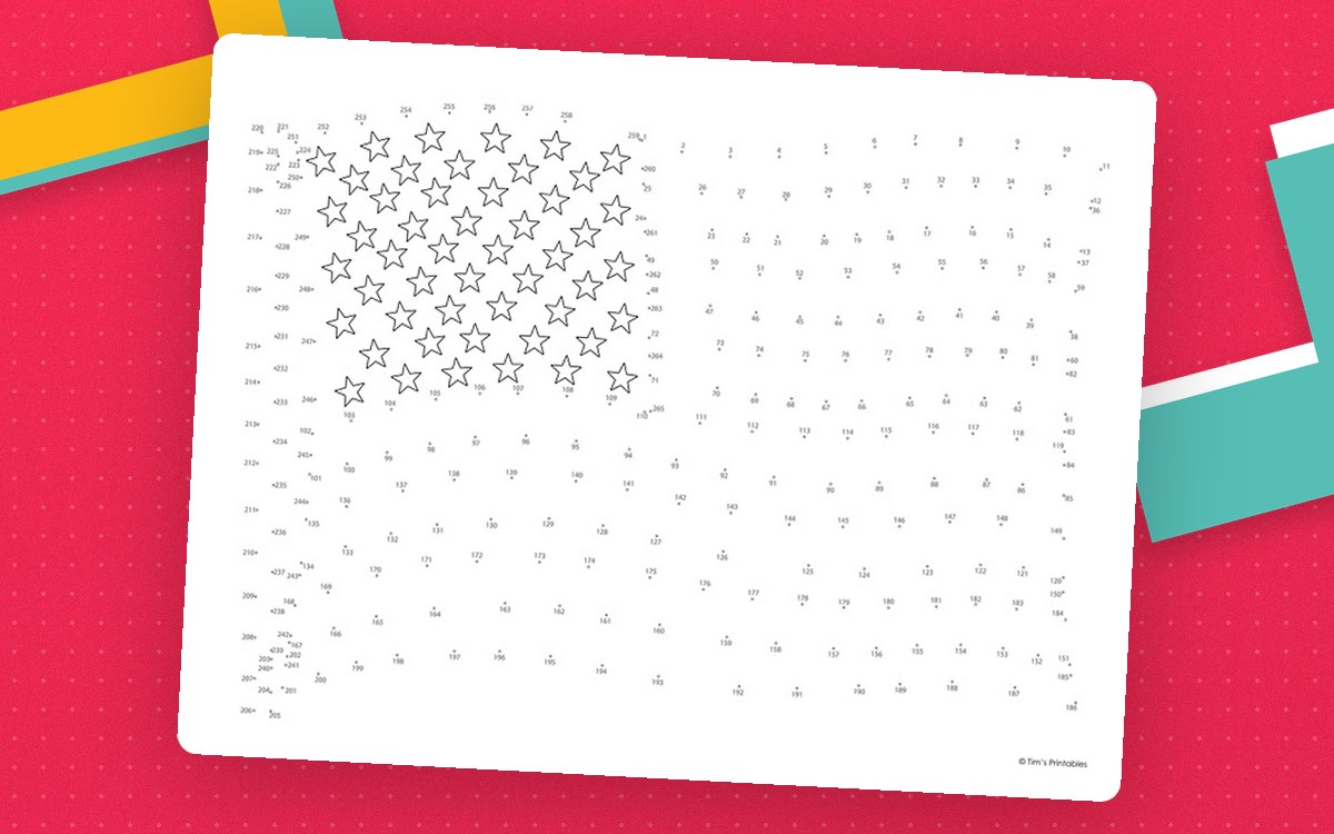 American flag connect-the-dots page made from a dense field of numbered dots and small stars.