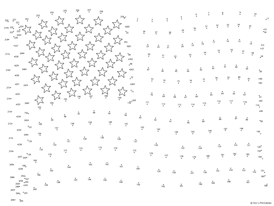 American flag dot-to-dot: students connect numbered dots 1 to 265 to draw a waving flag and pole around the printed stars