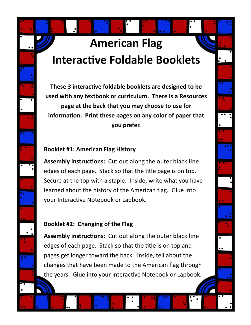 Teacher directions for 3 flag booklets: how to cut, stack and staple the History and Changing of the Flag booklets