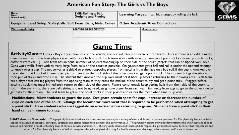 Grayscale lesson plan for rolling a ball, dodging and fleeing: cup-target rules, tagging, point sticks and modifications