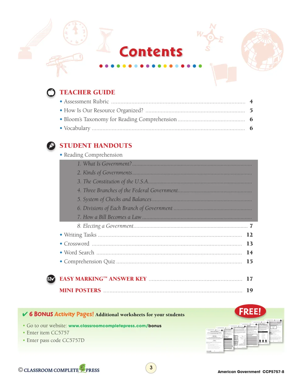 Contents: teacher guide, Section 8 reading, writing tasks, crossword, word search, quiz, answers, mini posters