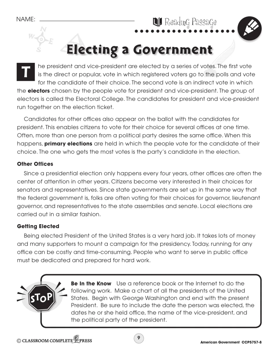 Reading passage part 2: popular vote, Electoral College, primaries, other offices and a presidents chart task