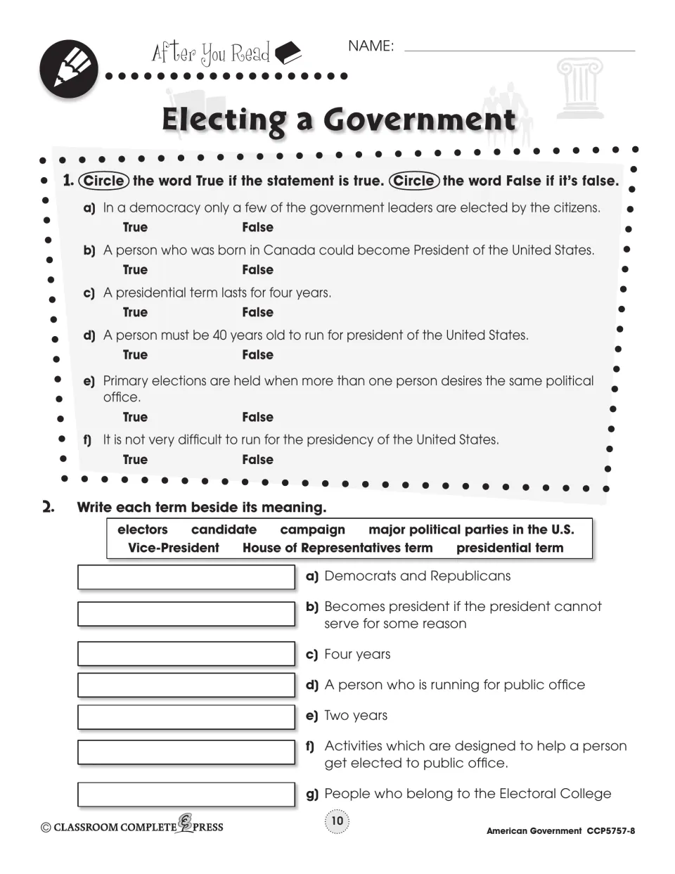 After You Read: 6 true/false election statements and matching 7 terms, like campaign and electors, to meanings