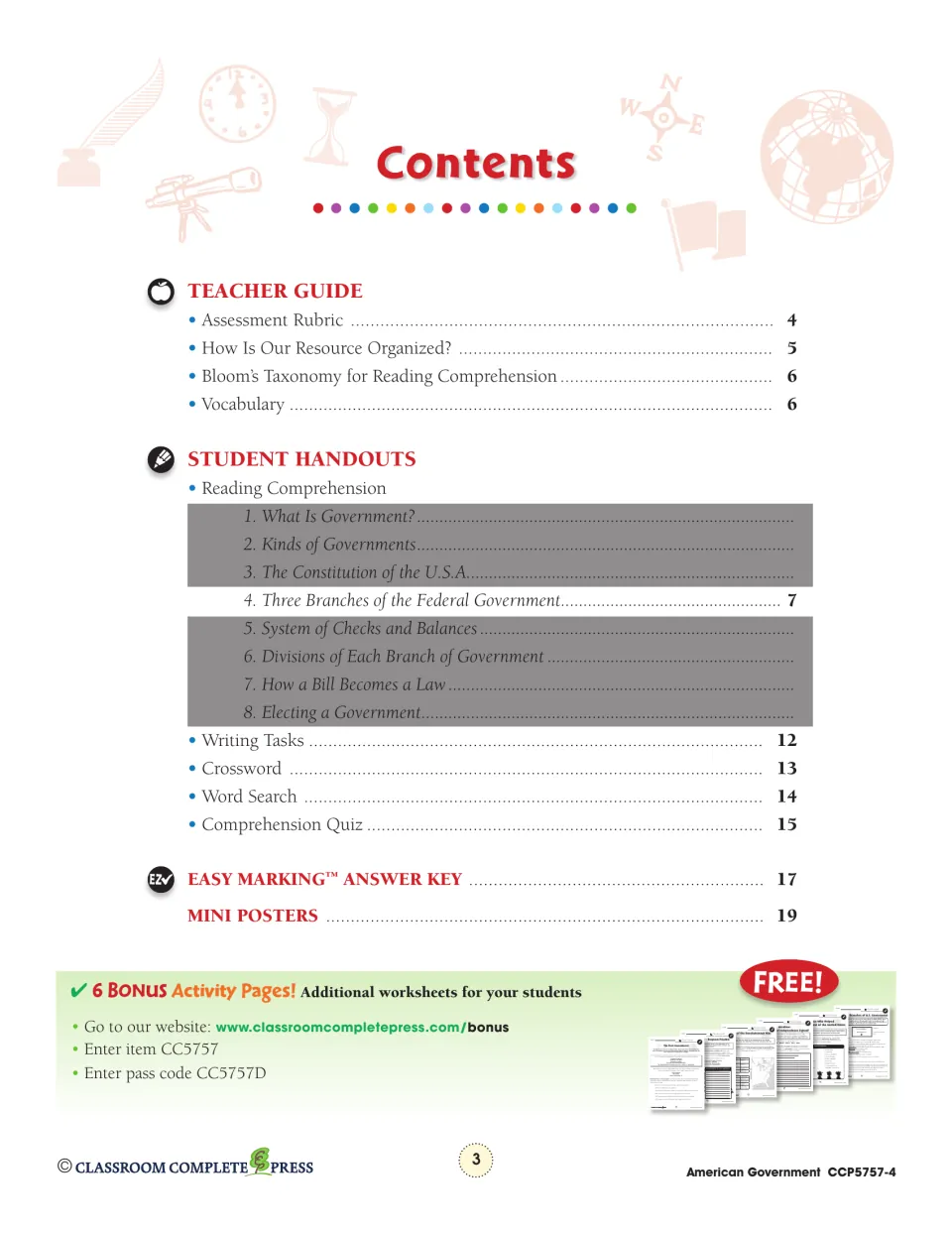 Contents: teacher guide, three branches reading, writing tasks, crossword, word search, quiz, answer key and mini posters