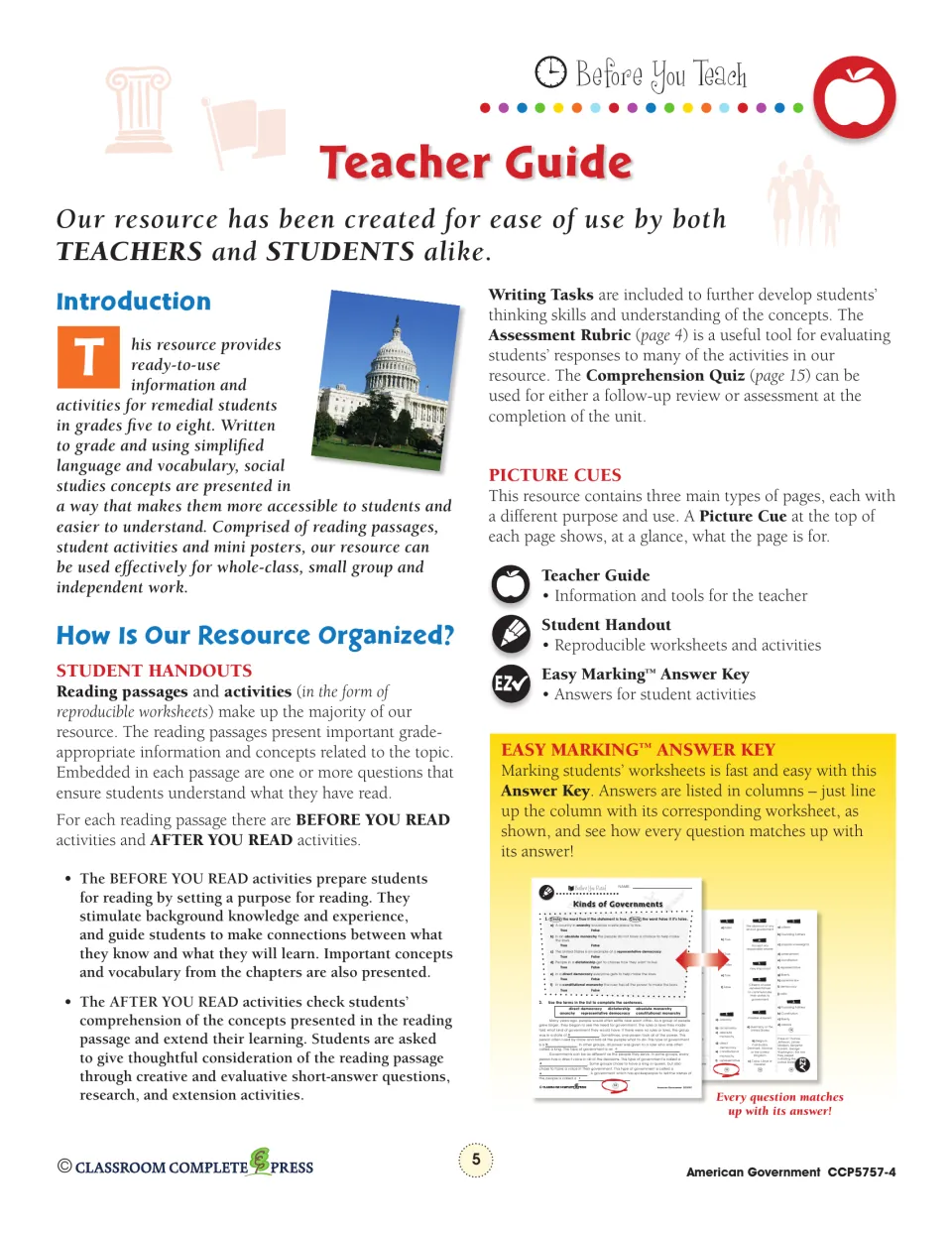 Teacher guide introduction explaining reading passages, before and after you read activities, picture cues and answer key
